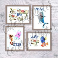 four watercolor paintings of sea animals with words that say flush, wash, brush