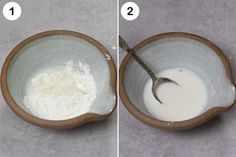 two pictures showing how to make white chocolate in a bowl and then mixing it with milk