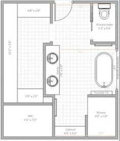 a floor plan for a bathroom with two sinks and a toilet in the corner,