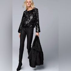 Sequined Design Bubble Hem Button Closure Elastic Cuffs Balloon Sleeves Long Sleeves Fully Lined Boatneck Fit & Sizing 24-In. Length From Shoulder To Hem Fabric & Care Lining: Polyester Hand Wash And Line Dry Imported Chic Holiday Blouse For Night Out, Formal Long Sleeve Holiday Blouse, Long Sleeve Blouse For Formal Holiday Events, Formal Long Sleeve Blouse For Holidays, Fall Workwear Blouse With Sequins, Winter Sequins Blouse, Fitted Sequin Blouse For Workwear, Glamorous Fall Workwear Blouse, Chic Fall Blouse With Sequins