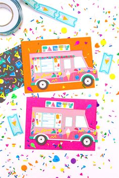 a pink ice cream truck is surrounded by confetti and sprinkles