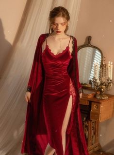 Red Lingerie Dress, Fancy Robes, Night Wear Dress, Clothes Pattern, Velvet Fashion, Women Nightwear