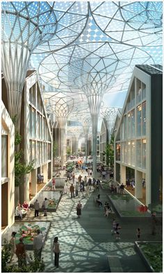 an artist's rendering of the inside of a shopping mall with people walking around