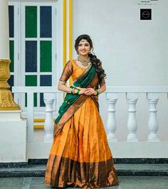 South Indian Look Lehenga, Davani Half Saree, Davani Half Saree Kerala, Pattupavada For Women, Dhavani Designs, Engagement Lehengas, Lehenga Poses, Half Saree Stills, Traditional Poses