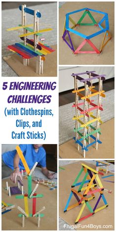 five different pictures with the words 5 engineering challenges with clothespins, clips and craft sticks