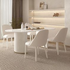 a white dining table and chairs in a room with beige carpeted flooring on the walls