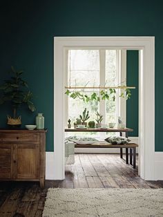 a living room with green walls and wooden flooring in the middle, along with a white rug