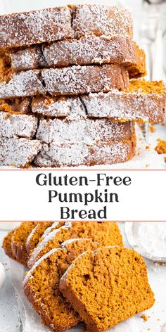 gluten free pumpkin bread is stacked on top of each other with powdered sugar