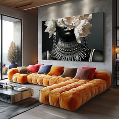 a living room filled with furniture and a large painting on the wall above it's head