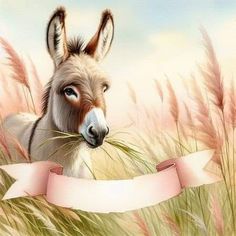 a painting of a donkey with a ribbon around it's neck in tall grass