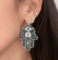 Handmade earrings miyuki hamsa hand Festival Handwoven Adjustable Beaded Earrings, Evil Eye Seed Bead Earrings, Beaded Evil Eye Earrings, Brick Stitch Evil Eye Pattern, Hamsa Hand Earrings, Gold Hamsa, Hamsa Hand, Handmade Earrings, Gold