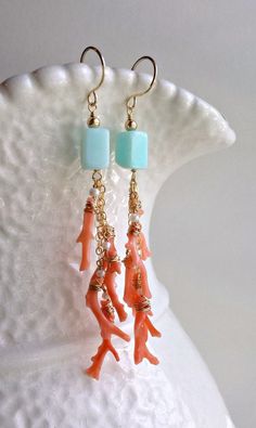 Peach Aqua Dangle Earrings Blue Peruvian Opal Dangle Pink | Etsy Coral Jewelry Gift With Ear Wire, Coral Jewelry With Ear Wire For Gift, Coral Dangle Jewelry For Gifts, Gift Coral Jewelry With Matching Earrings, Coral Dangle Earrings, Handmade Coral Drop Earrings, Handmade Coral Dangle Jewelry, Coral Earrings With Ear Wire As Gift, Handmade Coral Earrings For Gifts