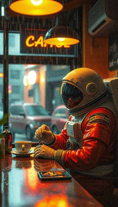 a man in an astronaut suit sitting at a table with a cup and saucer