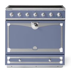 a blue stove with four burners and two ovens on the front, one is empty