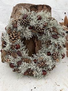 a wreath made out of pine cones and moss on top of a piece of wood