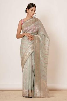 Shop for Aharin Blue Striped Saree With Blouse for Women Online at Aza Fashions Striped Saree, Chiffon Embroidery, Blue Silk Saree, Full Sleeve Blouse, Striped Wedding, Fuschia Pink, Blue Saree, Lehenga Saree, Elegant Saree