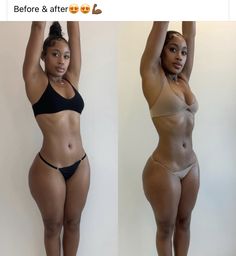 two pictures of a woman in bikinis and one is showing off her toned body