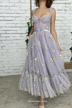 Applique Cocktail Dress, Fairy Prom Dress, Midi Prom Dress, Tea Length Tulle, Flower Prom Dress, Sweetheart Bridesmaids Dresses, Floral Dress Formal, Tulle Evening Dress, Purple Prom Dress