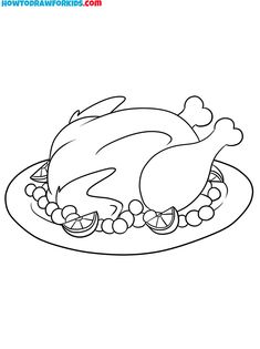 a turkey sitting on top of a plate filled with beans and peas, outlined in black and white