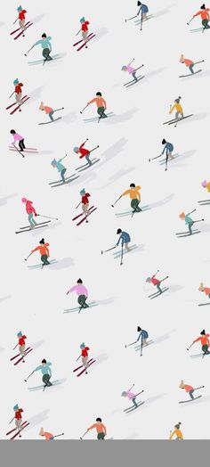 many people are skiing down a snowy hill in different colors and sizes, with skis on the ground