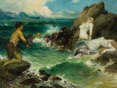 a painting of two mermaids in the ocean with rocks and water behind them, one holding a fish