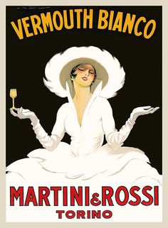 a woman in a white dress and hat holding a glass of wine with the words vermouth bianco on it