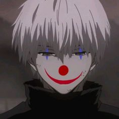 an anime character with white hair and blue eyes wearing a red clown nose ring in front of a dark background