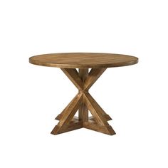 a round wooden table with two crossed legs