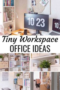 there are many different pictures with the words tiny workspace office ideas on it and below them