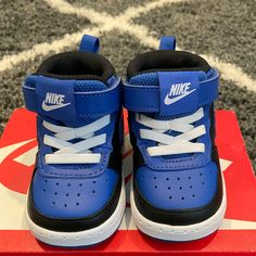 Nike Toddler Court Borough Mid Sneakers - Brand New/Never Worn (Baby Outgrew Them Before Getting A Chance To Wear) - Size: 4 - Color: Black, Blue With White Laces - Velcro Straps For Easy On/Off Access Boy Nike Outfits, Baby Nike Shoes, Nike Wear, Nike Kids Shoes, Toddler Nike Shoes, Mid Sneakers, Baby Nike, Baby Boy Clothes Newborn