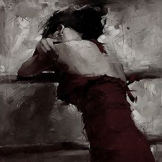 a painting of a woman in a red dress leaning against a wall with her back to the camera