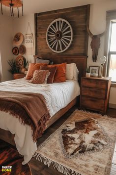 The image presents a Western bedroom with reclaimed wood furniture and a mix of textiles, including a cowhide rug and knitted throws, creating a comfortable, rustic-modern aesthetic. Modern Western Bedroom, Southwestern Bedroom, Bedroom Style Ideas, Foto Cowgirl