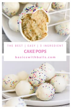 cake pops with white frosting and sprinkles are on a plate next to the