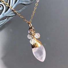 6290 Rose Quartz Fluorite Necklace Gold Filled wire wrapped natural gemstones cluster drop pendant bohemian statement birthday anniversary Valentine's day Mother's day Christmas holiday gift for her women mom sister wife girlfriend daughter niece aunt grandma cousin colleague best friend. Enjoy the beauty & power of natural gemstone - find ROSE QUARTZ healing properties below. THIS LISTING IS FOR THE NECKLACE ONLY Earrings shown for illustration and listed separately MATERIALS & DIMENSIONS ✦ Nat Bohemian Rose Gold Hand-wrapped Necklace, Handmade Briolette Crystal Necklace Gift, Spiritual Hand Wrapped Teardrop Pendant Necklace, Wire Wrapped Briolette Necklace Gift, Hand Wrapped Teardrop Pendant Necklace Gift, Adjustable Wire Wrapped Necklaces For Mother's Day, Mother's Day Adjustable Wire Wrapped Necklaces, Rose Quartz Dangle Jewelry Gift, Bohemian Teardrop Crystal Necklace For Gift