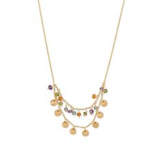 Merry and bright! 17.5"+2 14 karat gold plated sterling silver wo strand necklace features amethyst, apatite, carnelian, labradorite and peridot beads. Beads measure 2-3mm. Matte, hammered disks measure 4.8mm in diameter. Necklace features a lobster clasp closure. P.925 Sterling silver 17.5"+2 14 karat gold plated sterling silver Brass Jewelry, Multi Stone, Silver Stars, Strand Necklace, Bar Necklace, Gold Plated Jewelry, Gemstone Bracelet, Merry And Bright, Purple Gold