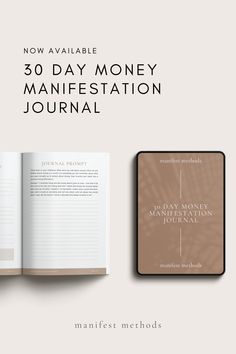 an open book with the title'now available 30 day money manifestation journal '