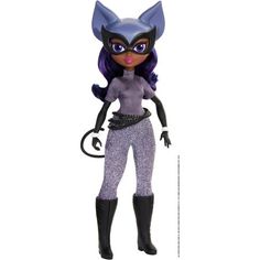 a doll with purple hair and cat ears on it's head, standing in front of a white background