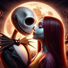 a woman kissing a skeleton in front of a full moon with her face painted white