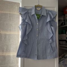 Nwt Perfect Condition Summer Office Blouse With Ruffle Sleeves, Blue Ruffled Blouse With Butterfly Sleeves, Blue Butterfly Sleeve Blouse With Ruffles, Blue Flutter Sleeve Blouse For Work, Butterfly Sleeve Blouse With Ruffles For Work, Ruffle Sleeve Blouse, Sleeve Blouse, Kate Spade, Color Blue