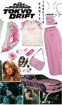 the poster for the movie tokyo drift is shown in pink and white, with pictures of cars