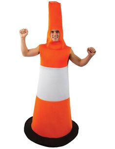 a man in an orange and white cone costume with his arms up, smiling at the camera