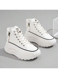 Solid Color High-Top Lace-Up Casual Shoes For Women, Side Zipper, Outdoor Use, Thick Sole, Height-Enhancing Fashionable Sports Shoes For Women White Fashionable   PU Leather Plain    Women Shoes, size features are:Bust: ,Length: ,Sleeve Length: Shoes For Women White, Casual Sneakers Women, House Shoes, Casual Shoes Women, Sports Shoes, Platform Shoes, Maternity Bag, Lace Tops, Shoes For Women