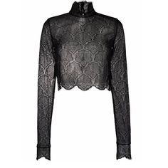 Casablanca Shell-Lace Cropped Blouse Nwt Size Xs Long Black Boots Farfetch, Designer Black Sheer Top, Luxury Long Sleeve Tops With Lace Trim, Shell Embroidery, Scallop Hem, Cropped Blouse, Chantilly Lace, Lace Crop Tops, Crop Blouse