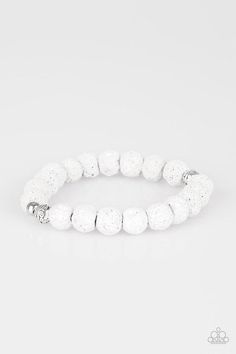 STEADY NOW - WHITE A collection of ornate silver accents and white lava rocks are threaded along a stretchy band around the wrist for a seasonal look. Sold as one individual bracelet. p9se-urwt-146xx 2019 ITEM Lava Rock Bracelet, Lava Bracelet, White Bracelets, Lava Rock, Unisex Bracelets, Paparazzi Accessories, Lava Bead, Paparazzi Jewelry, Bracelet Collection