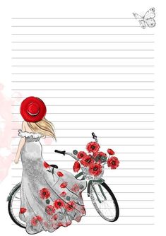 a drawing of a woman on a bike with flowers