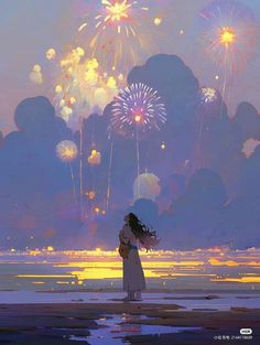 a painting of a woman holding an umbrella in front of fireworks on the beach at night