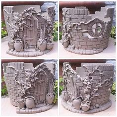 four pictures of a castle made out of clay