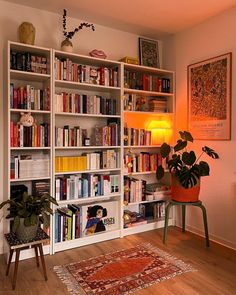 a living room filled with lots of books on top of a book shelf next to a lamp