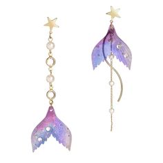 two purple and blue earrings with stars hanging from the side, one on top of each other