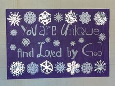 a purple banner with white snowflakes on it that says you are unique and loved by god